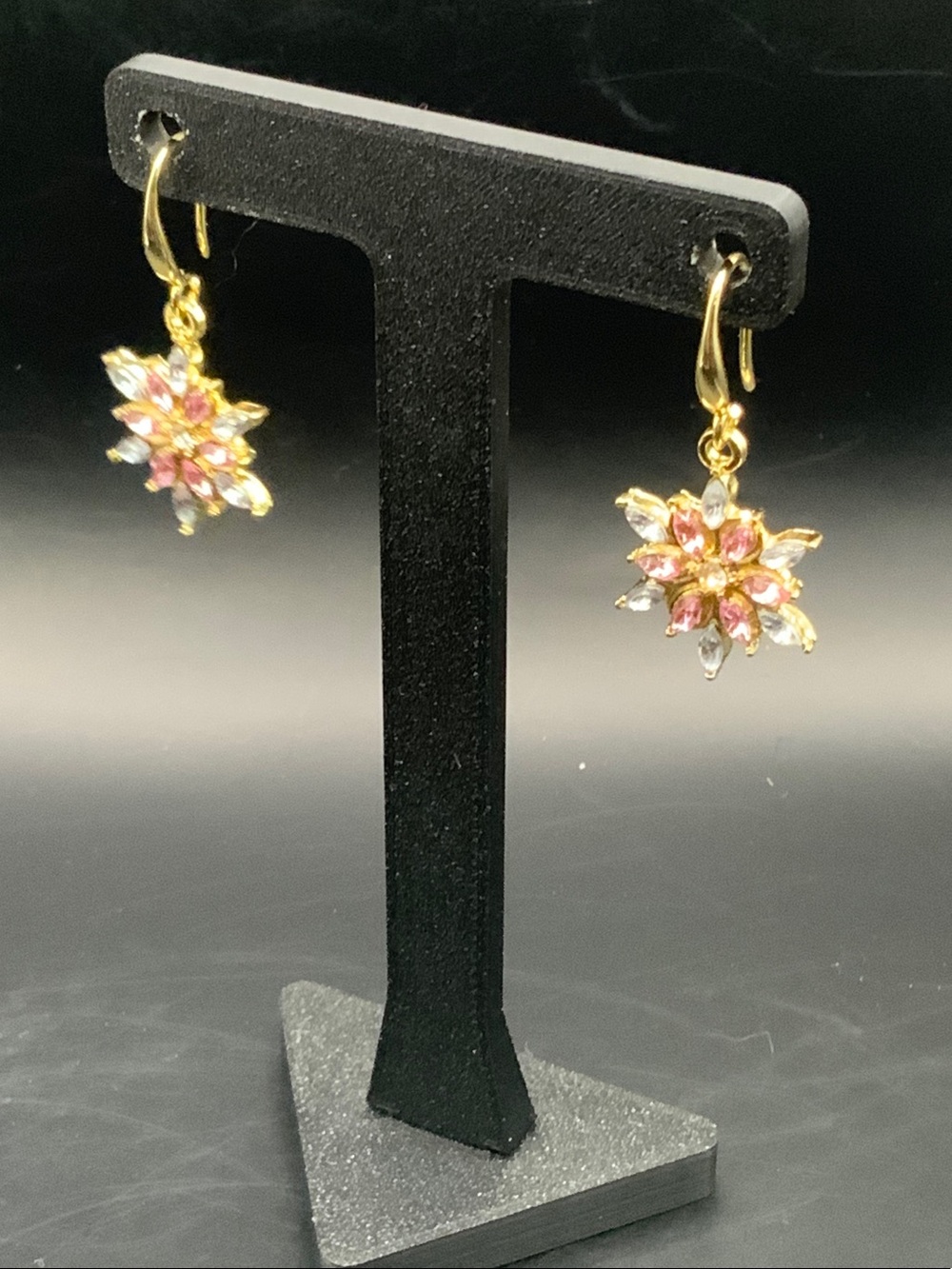 Gold Floral Drop Earrings with Pink Crystal Accents